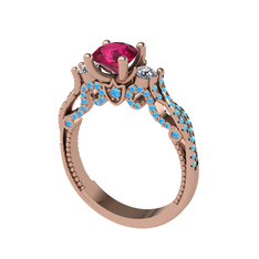 Rodolit garnet, pırlanta ve akuamarin 18 ayar rose altın yüzük (0.22 karat)