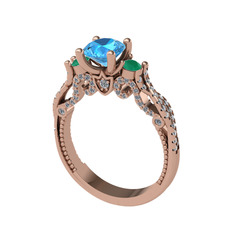 Akuamarin, kök zümrüt ve swarovski 8 ayar rose altın yüzük