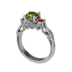 Peridot, garnet ve pırlanta 14 ayar beyaz altın yüzük (0.792 karat)