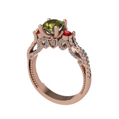 Kraliçe Tektaş Yüzük - Peridot, garnet ve beyaz zirkon 14 ayar rose altın yüzük #1vffel4