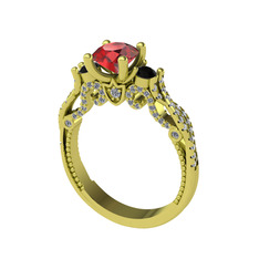 Garnet, siyah zirkon ve swarovski 14 ayar altın yüzük