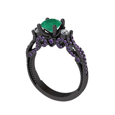 Kraliçe Tektaş Yüzük - Kök zümrüt, swarovski ve ametist 925 ayar siyah rodyum kaplama gümüş yüzük #1vwnch4