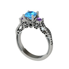Kraliçe Tektaş Yüzük - Akuamarin, ametist ve siyah zirkon 8 ayar beyaz altın yüzük #1wotfb4