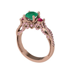 Kraliçe Tektaş Yüzük - Kök zümrüt, rodolit garnet ve pembe kuvars 8 ayar rose altın yüzük #1x2fraw