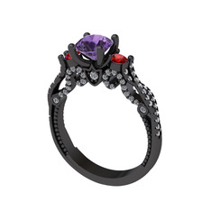 Kraliçe Tektaş Yüzük - Ametist, garnet ve swarovski 925 ayar siyah rodyum kaplama gümüş yüzük #1x3flnt