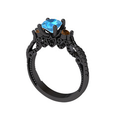 Kraliçe Tektaş Yüzük - Akuamarin, dumanlı kuvars ve siyah zirkon 925 ayar siyah rodyum kaplama gümüş yüzük #1xch3p9