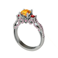 Sitrin, garnet ve pembe kuvars 18 ayar beyaz altın yüzük