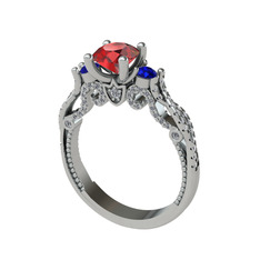Garnet, lab safir ve swarovski 14 ayar beyaz altın yüzük