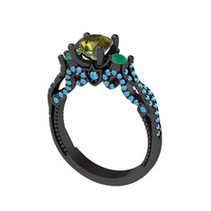 Kraliçe Tektaş Yüzük - Peridot, yeşil kuvars ve akuamarin 925 ayar siyah rodyum kaplama gümüş yüzük #2x9fx8