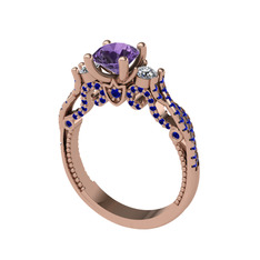 Kraliçe Tektaş Yüzük - Ametist, swarovski ve lab safir 18 ayar rose altın yüzük #2zrbmt