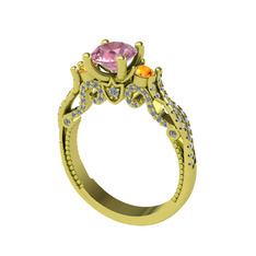 Pembe kuvars, sitrin ve swarovski 14 ayar altın yüzük