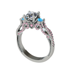 Kraliçe Tektaş Yüzük - Swarovski, akuamarin ve pembe kuvars 8 ayar beyaz altın yüzük #3r9flz