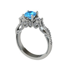Kraliçe Tektaş Yüzük - Akuamarin, swarovski ve beyaz zirkon 14 ayar beyaz altın yüzük #3u9toh
