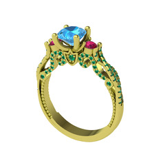Kraliçe Tektaş Yüzük - Akuamarin, rodolit garnet ve yeşil kuvars 925 ayar altın kaplama gümüş yüzük #3zao1e
