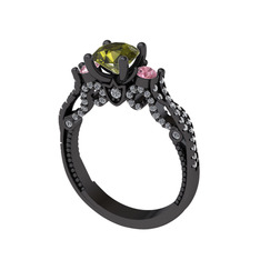 Kraliçe Tektaş Yüzük - Peridot, pembe kuvars ve swarovski 925 ayar siyah rodyum kaplama gümüş yüzük #4cios9