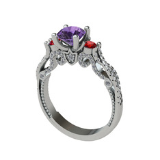 Kraliçe Tektaş Yüzük - Ametist, garnet ve swarovski 8 ayar beyaz altın yüzük #4js7do