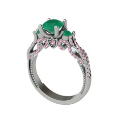 Kraliçe Tektaş Yüzük - Kök zümrüt ve pembe kuvars 14 ayar beyaz altın yüzük #4p8ktp