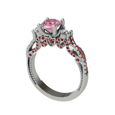 Kraliçe Tektaş Yüzük - Pembe kuvars, swarovski ve garnet 18 ayar beyaz altın yüzük #590vt8