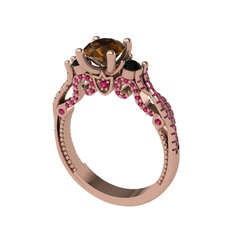 Kraliçe Tektaş Yüzük - Dumanlı kuvars, siyah zirkon ve rodolit garnet 18 ayar rose altın yüzük #59m33d