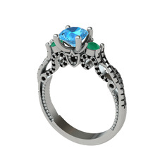 Kraliçe Tektaş Yüzük - Akuamarin, yeşil kuvars ve siyah zirkon 925 ayar gümüş yüzük #5bwih