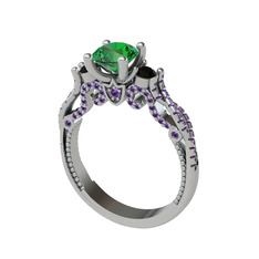 Kraliçe Tektaş Yüzük - Yeşil kuvars, siyah zirkon ve ametist 925 ayar gümüş yüzük #5cjcn0