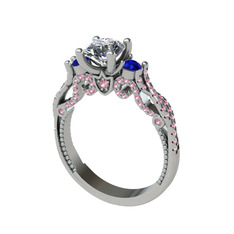 Kraliçe Tektaş Yüzük - Swarovski, lab safir ve pembe kuvars 8 ayar beyaz altın yüzük #64cto