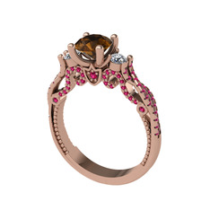 Kraliçe Tektaş Yüzük - Dumanlı kuvars, swarovski ve rodolit garnet 18 ayar rose altın yüzük #6gj887
