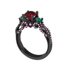 Kraliçe Tektaş Yüzük - Kök yakut, yeşil kuvars ve pembe kuvars 925 ayar siyah rodyum kaplama gümüş yüzük #6u3zpf