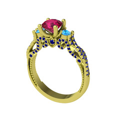 Kraliçe Tektaş Yüzük - Rodolit garnet, akuamarin ve lab safir 8 ayar altın yüzük #7cyl0q