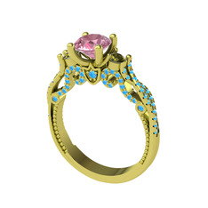 Kraliçe Tektaş Yüzük - Pembe kuvars, peridot ve akuamarin 8 ayar altın yüzük #7r931l