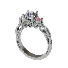 Beyaz zirkon, pembe kuvars ve pırlanta 8 ayar beyaz altın yüzük (0.792 karat)