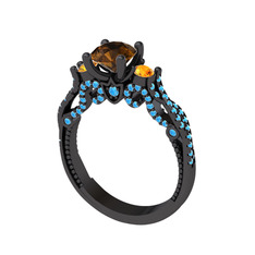 Kraliçe Tektaş Yüzük - Dumanlı kuvars, sitrin ve akuamarin 925 ayar siyah rodyum kaplama gümüş yüzük #8x4ybh