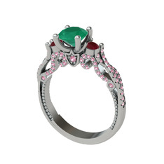 Kök zümrüt, kök yakut ve pembe kuvars 18 ayar beyaz altın yüzük