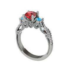 Kraliçe Tektaş Yüzük - Garnet, akuamarin ve swarovski 14 ayar beyaz altın yüzük #9rkr5i