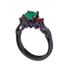 Kraliçe Tektaş Yüzük - Kök zümrüt, garnet ve ametist 925 ayar siyah rodyum kaplama gümüş yüzük #b46rnb