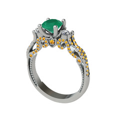 Kök zümrüt, swarovski ve sitrin 14 ayar beyaz altın yüzük