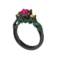 Kraliçe Tektaş Yüzük - Rodolit garnet, sitrin ve yeşil kuvars 925 ayar siyah rodyum kaplama gümüş yüzük #c5xkm