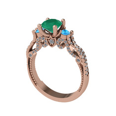 Kök zümrüt, akuamarin ve swarovski 14 ayar rose altın yüzük