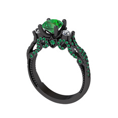 Kraliçe Tektaş Yüzük - Yeşil kuvars ve pırlanta 925 ayar siyah rodyum kaplama gümüş yüzük (0.22 karat) #deitd5