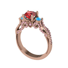 Garnet, akuamarin ve pembe kuvars 14 ayar rose altın yüzük
