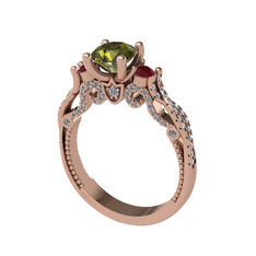 Peridot, kök yakut ve pırlanta 18 ayar rose altın yüzük (0.792 karat)