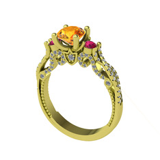Kraliçe Tektaş Yüzük - Sitrin, rodolit garnet ve pırlanta 14 ayar altın yüzük (0.792 karat) #etxcb1