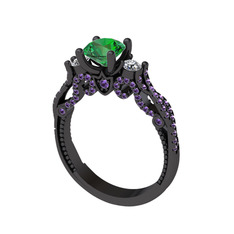 Kraliçe Tektaş Yüzük - Yeşil kuvars, swarovski ve ametist 925 ayar siyah rodyum kaplama gümüş yüzük #f09qkh