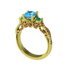 Kraliçe Tektaş Yüzük - Akuamarin, kök zümrüt ve garnet 8 ayar altın yüzük #f5hica