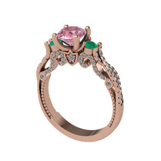 Kraliçe Tektaş Yüzük - Pembe kuvars, kök zümrüt ve pırlanta 18 ayar rose altın yüzük (0.792 karat) #fgo37b
