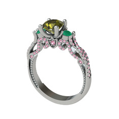 Kraliçe Tektaş Yüzük - Peridot, kök zümrüt ve pembe kuvars 14 ayar beyaz altın yüzük #g6drz9