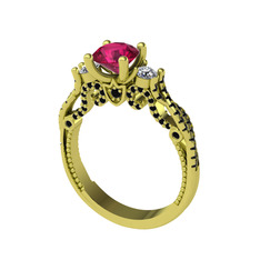 Kraliçe Tektaş Yüzük - Rodolit garnet, swarovski ve siyah zirkon 14 ayar altın yüzük #g6w28k