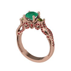 Kraliçe Tektaş Yüzük - Kök zümrüt, peridot ve garnet 14 ayar rose altın yüzük #g93l3e