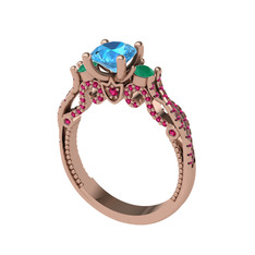 Akuamarin, kök zümrüt ve rodolit garnet 14 ayar rose altın yüzük