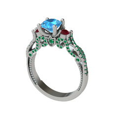 Kraliçe Tektaş Yüzük - Akuamarin, kök yakut ve yeşil kuvars 18 ayar beyaz altın yüzük #ggvkkk